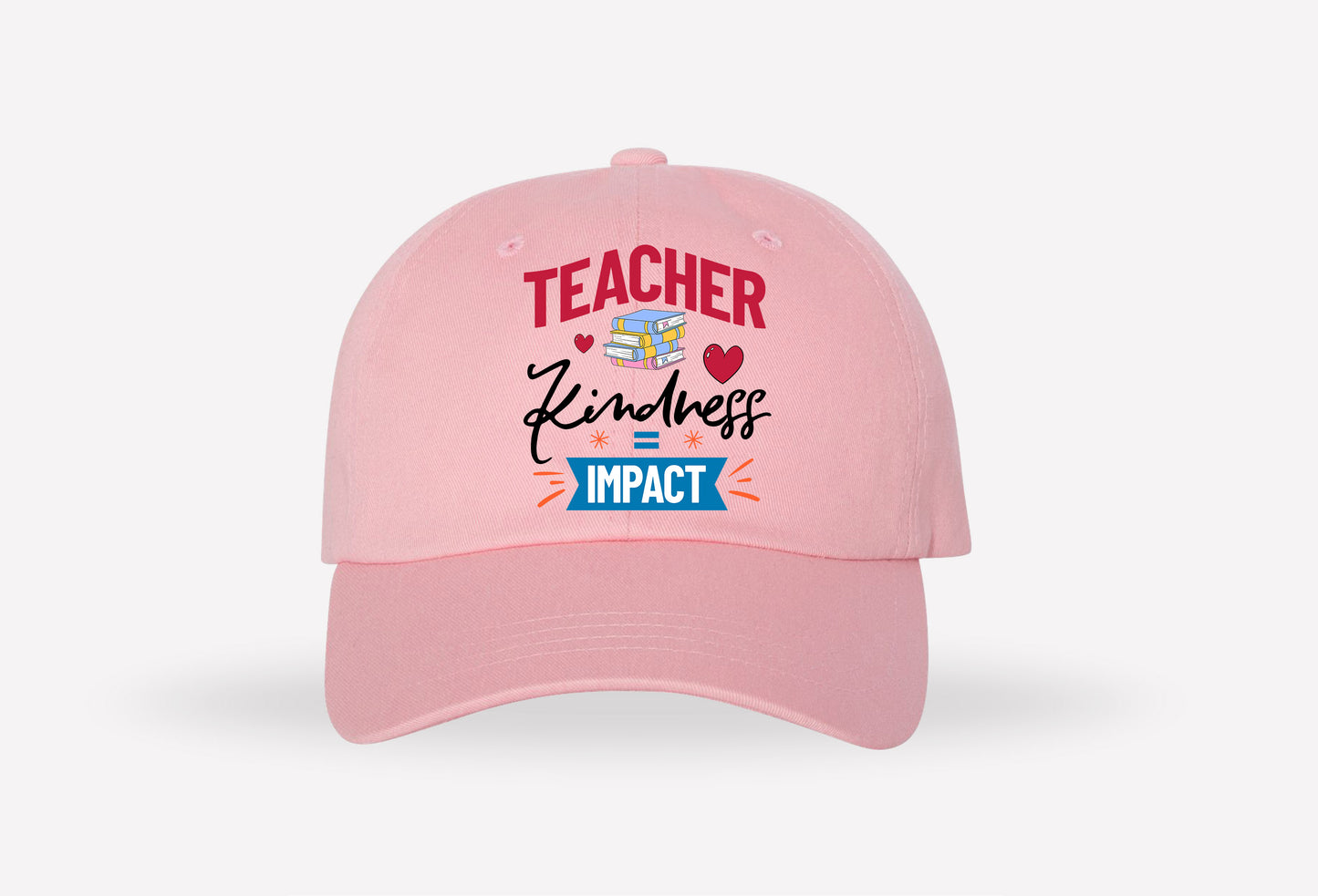 light pink hat with 'teacher kindness impact' colorful printed design and books graphic
