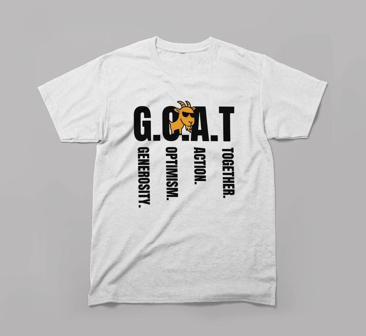 white t-shirt with bold g.o.a.t graphic, a cartoon goat wearing sunglasses, and words generosity, optimism, action, together.