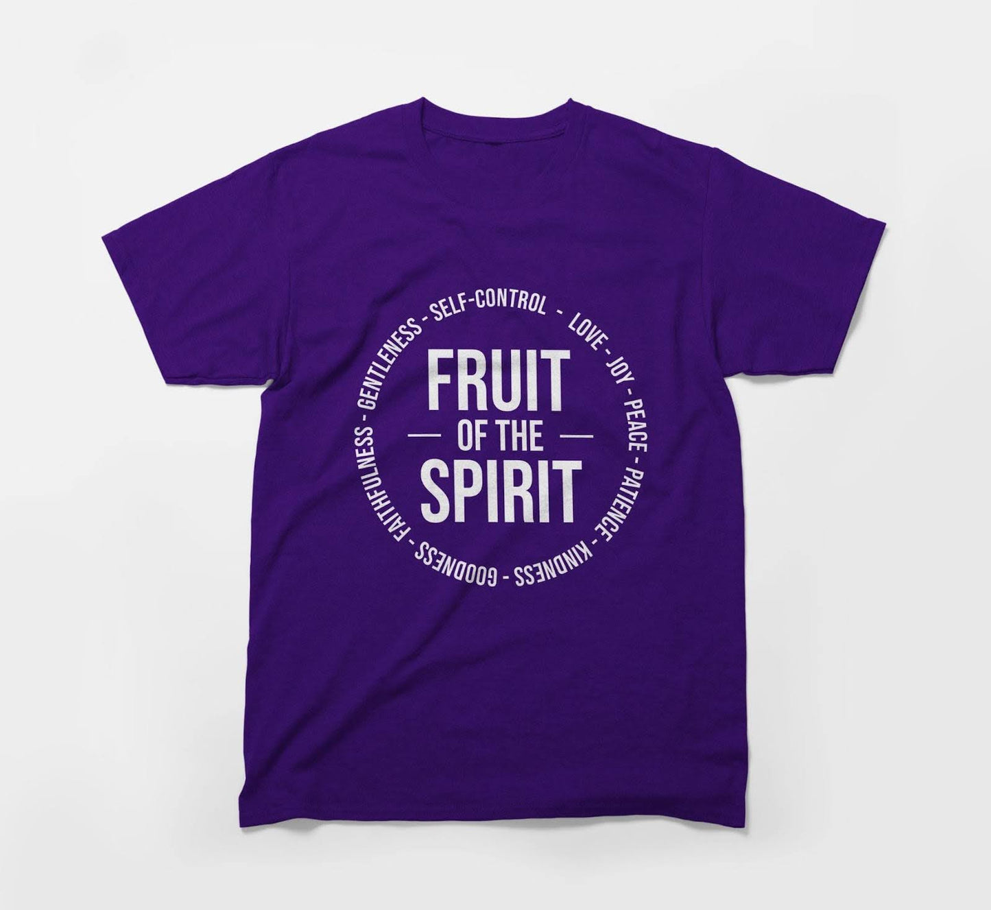 purple t-shirt with 'fruit of the spirit' and virtues in white text, flat lay.