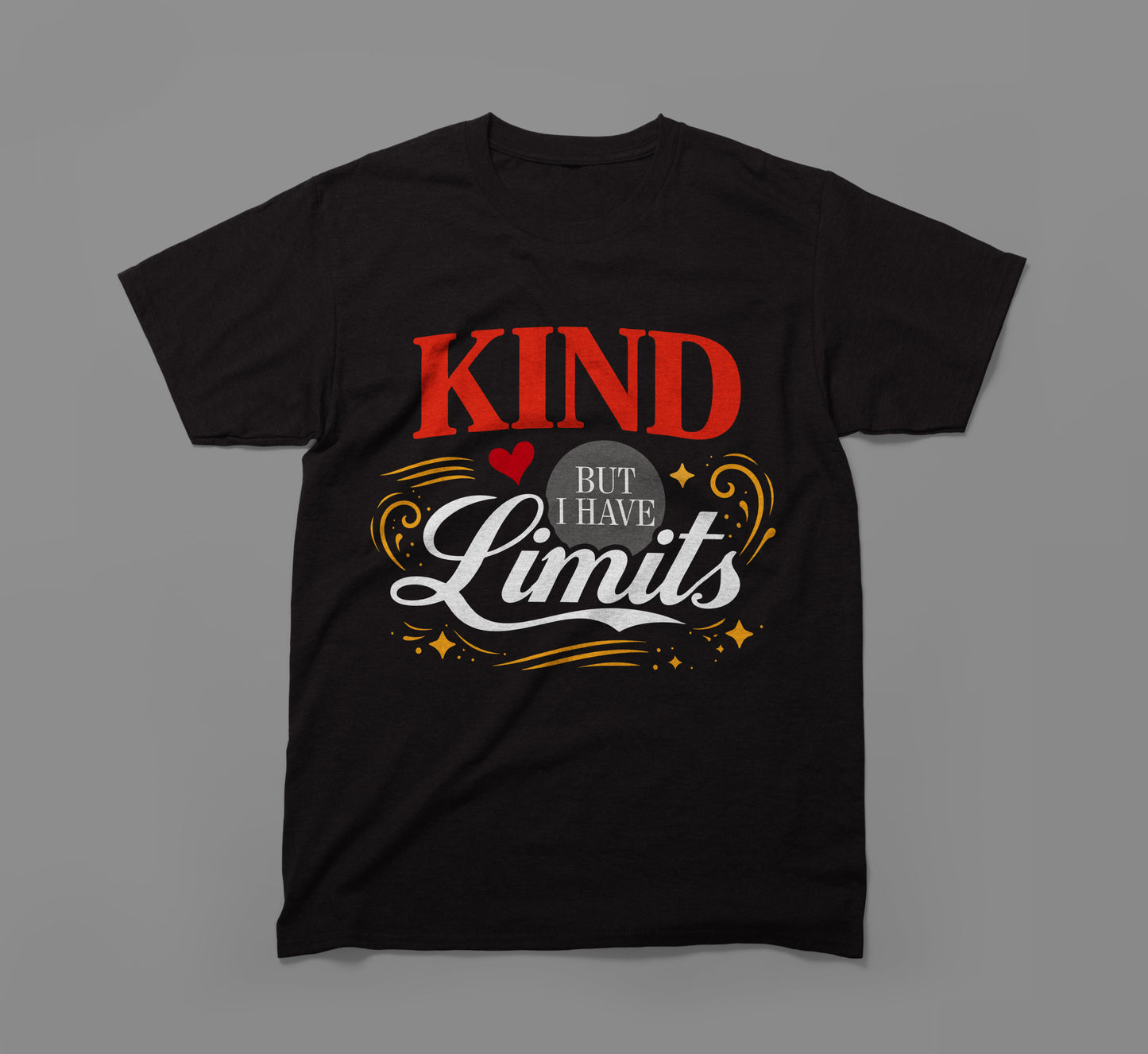 black t-shirt with "kind but i have limits" graphic text, heart and swirl design.