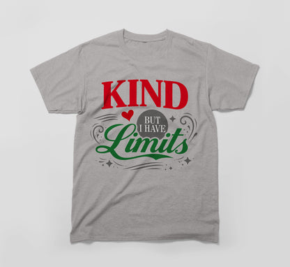Grey t-shirt with colorful 'Kind but I have limits' message and decorative accents.