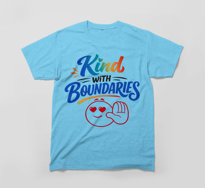 Light blue t-shirt with 'Kind with Boundaries' rainbow text and smiling face graphic