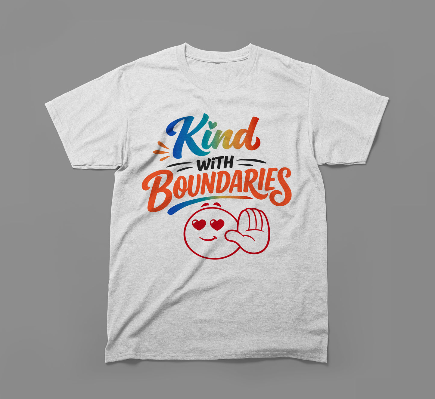 white t-shirt with 'kind with boundaries' text and smiling emoji with heart eyes and raised hand.