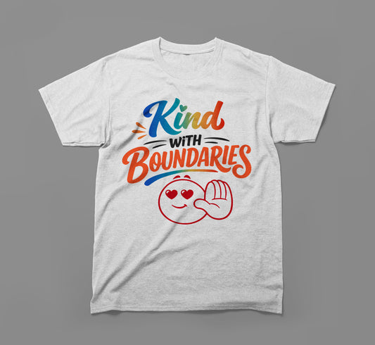 White t-shirt with 'Kind With Boundaries' text and smiling emoji with heart eyes and raised hand.