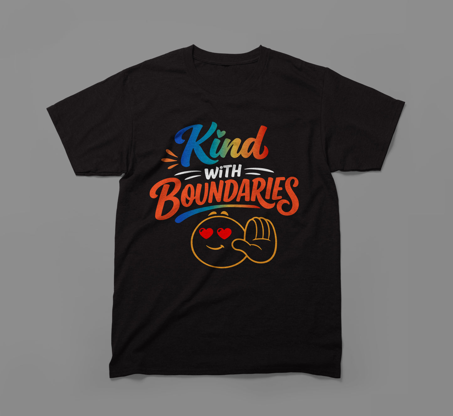 black t-shirt with colorful 'kind with boundaries' text and smiling emoji graphic.