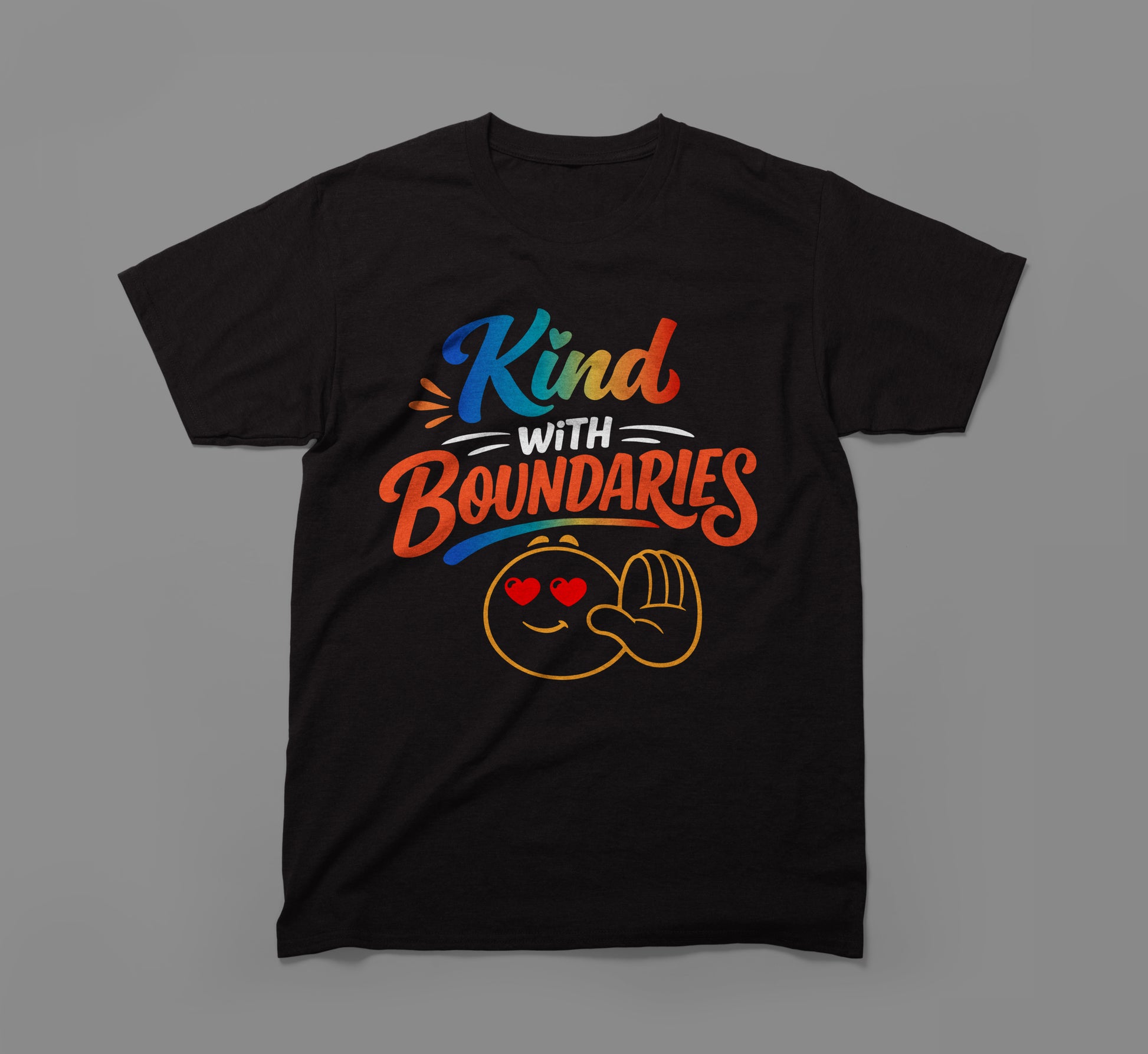 Black t-shirt with colorful 'Kind with Boundaries' text and smiling emoji graphic.