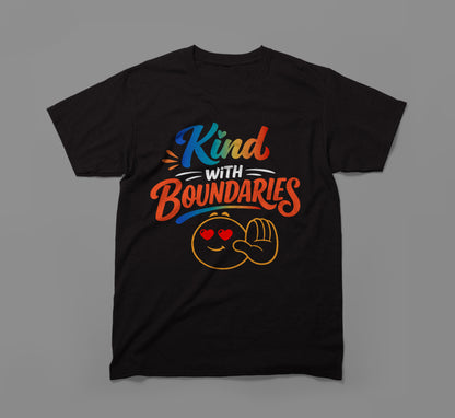 Black t-shirt with colorful 'Kind with Boundaries' text and smiling emoji graphic.