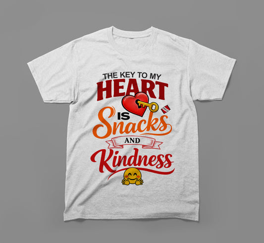 Light gray t-shirt with colorful text: 'The key to my heart is snacks and kindness' and heart graphic
