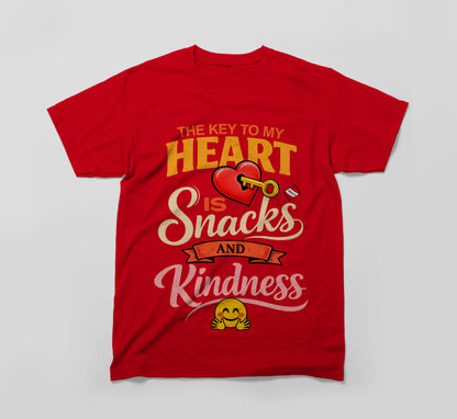 Red graphic tee with 'The key to my heart is snacks and kindness' message, heart and key design