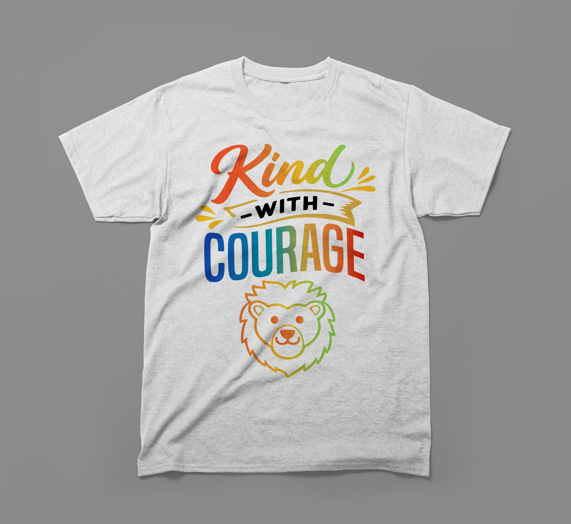 Grey t-shirt with colorful 'Kind With Courage' text and rainbow lion graphic