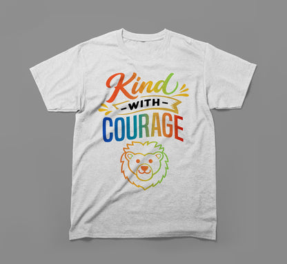 Grey t-shirt with colorful 'Kind With Courage' text and rainbow lion graphic