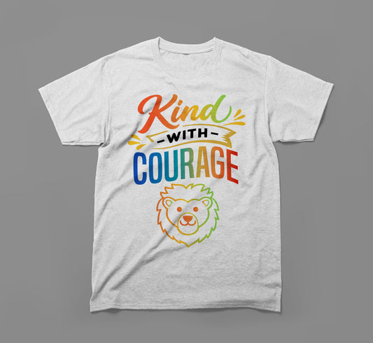 Grey t-shirt with colorful 'Kind With Courage' text and rainbow lion graphic