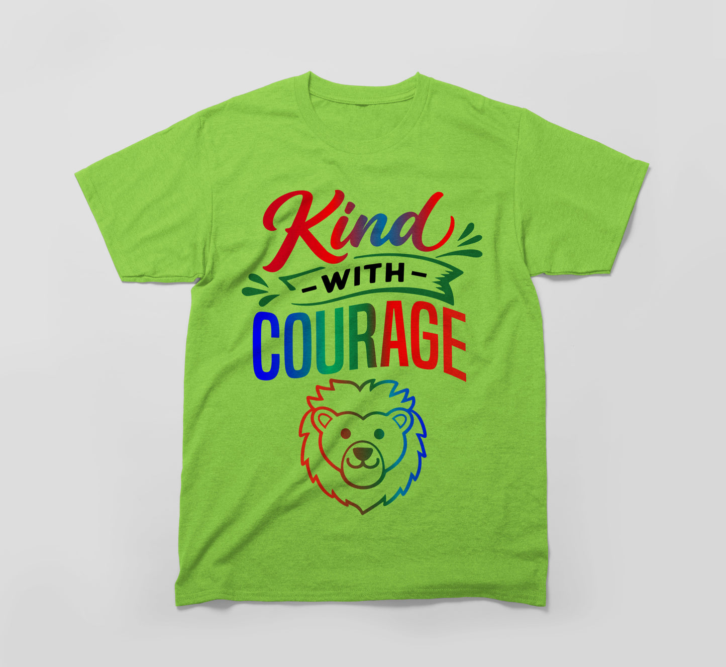green t-shirt with 'kind with courage' text and a colorful lion face graphic