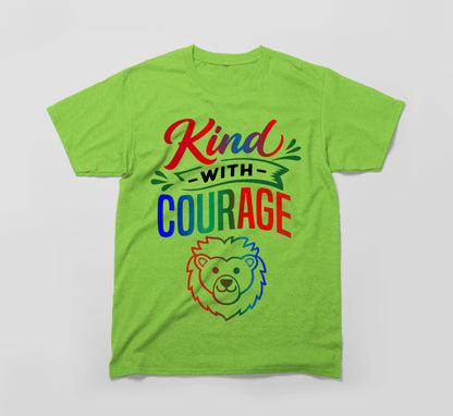 Green t-shirt with 'Kind With Courage' text and a colorful lion face graphic