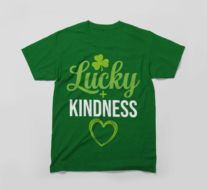 Green t-shirt with 'Lucky + Kindness' text, shamrock, and heart graphic