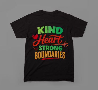 Black t-shirt with colorful text saying 'Kind Heart Strong Boundaries' and a red heart graphic.