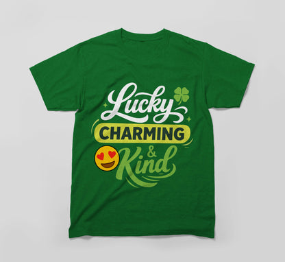 Green t-shirt with 'Lucky Charming & Kind' text, shamrock, and smiling emoji graphic.