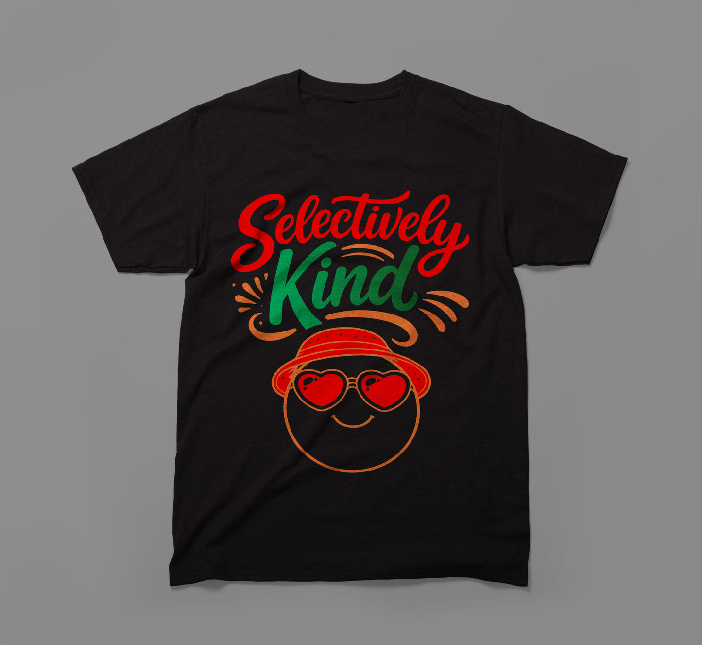 black t-shirt with 'selectively kind' text and smiley face wearing heart sunglasses and a hat