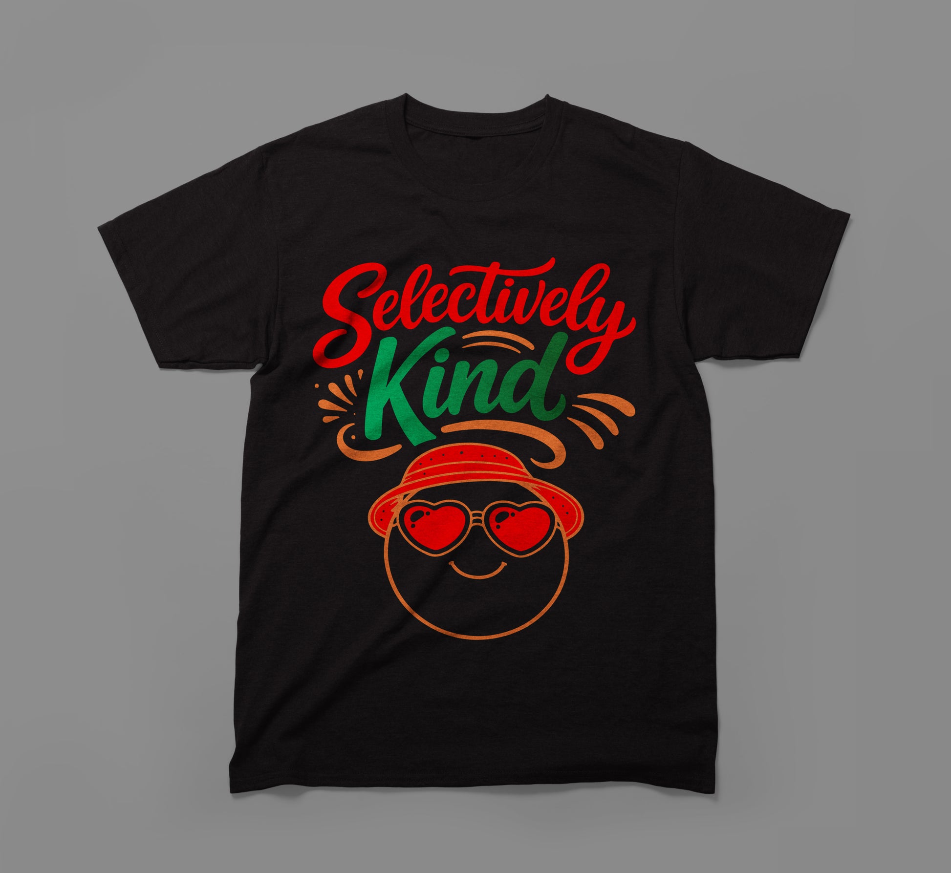 Black t-shirt with 'Selectively Kind' text and smiley face wearing heart sunglasses and a hat