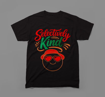 Black t-shirt with 'Selectively Kind' text and smiley face wearing heart sunglasses and a hat