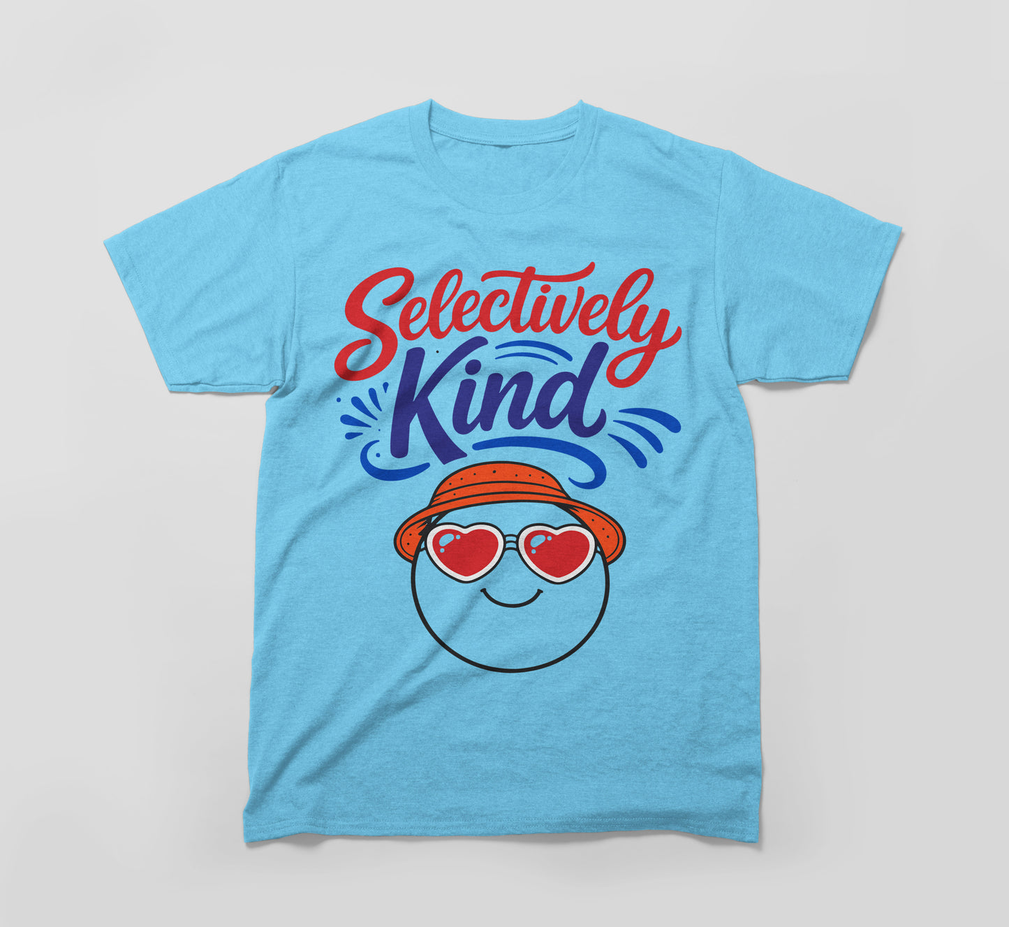 light blue t-shirt with 'selectively kind' text and smiley face wearing heart sunglasses.