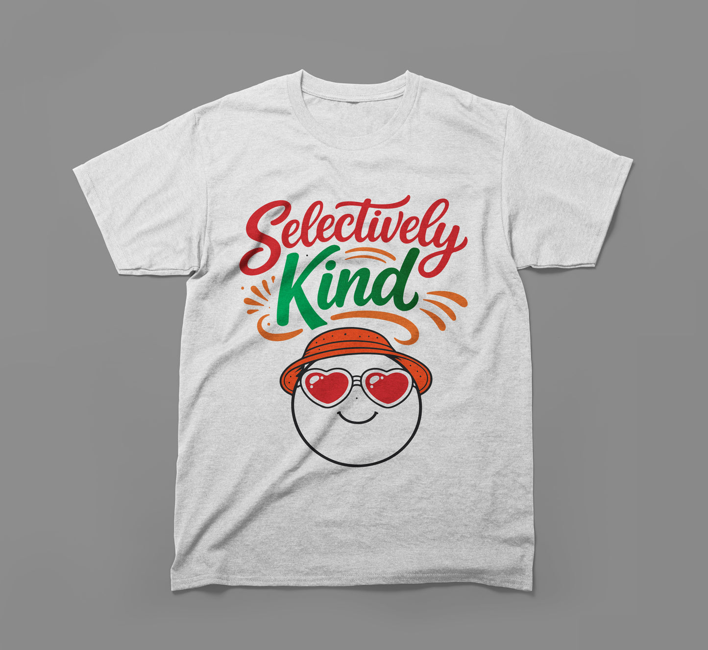 white t-shirt with 'selectively kind' text and smiling face in heart sunglasses and hat.