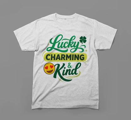 Gray t-shirt with 'Lucky Charming & Kind' text, shamrock, and heart eyes emoji graphic.