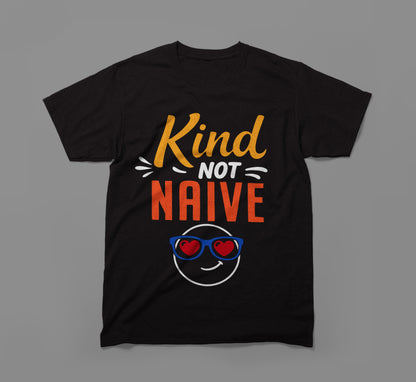 Black t-shirt with 'Kind Not Naive' slogan and smiley face wearing heart sunglasses.