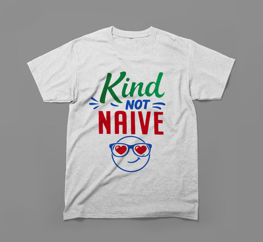 Gray t-shirt with 'Kind Not Naive' text and smiley face with heart sunglasses graphic.