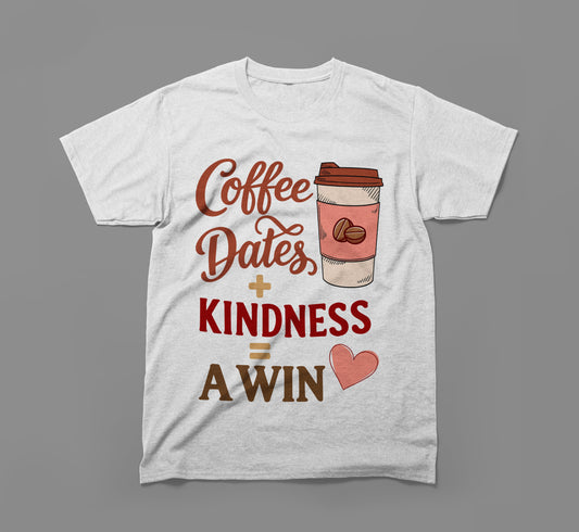 White t-shirt with 'Coffee Dates + Kindness = A Win' and coffee cup graphic