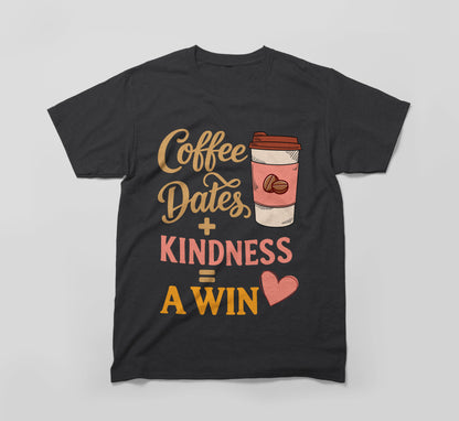 Black t-shirt with coffee cup graphic and text Coffee Dates Kindness A Win with heart