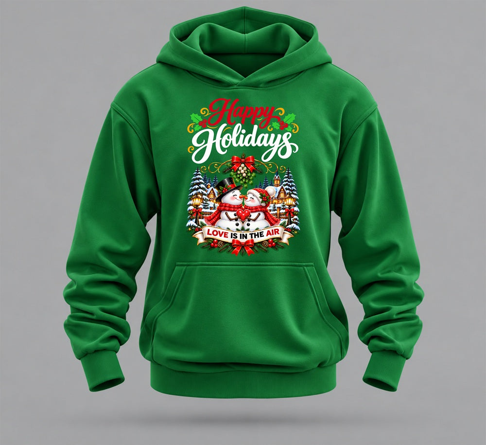 happy holidays hoodie – snowmen, mistletoe & love