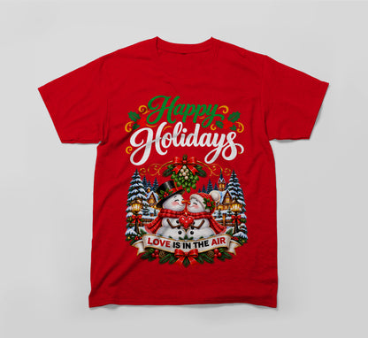 Happy Holidays T-Shirt – Snowmen, Mistletoe & Love