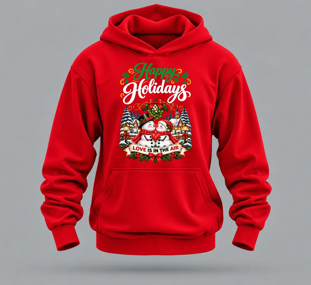 happy holidays hoodie – snowmen, mistletoe & love