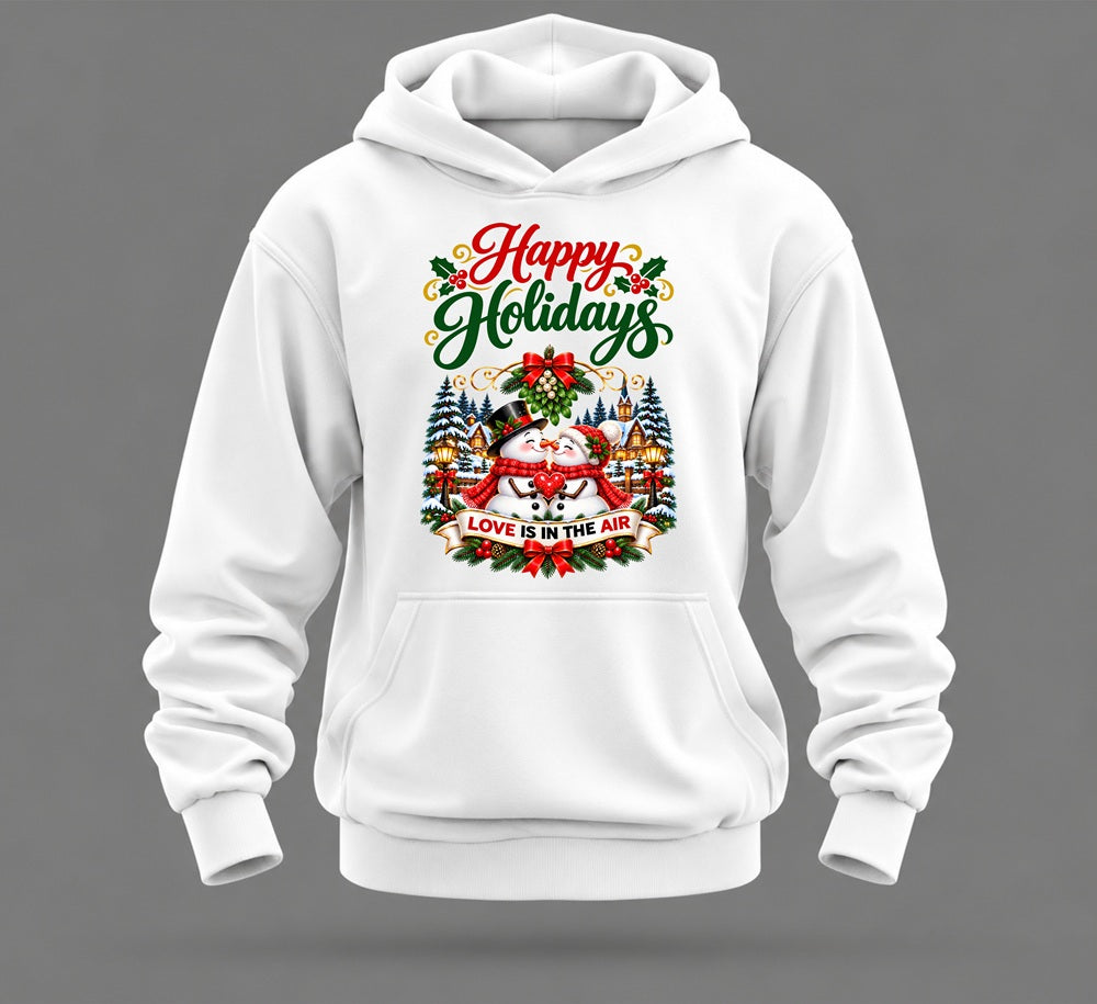 happy holidays hoodie – snowmen, mistletoe & love