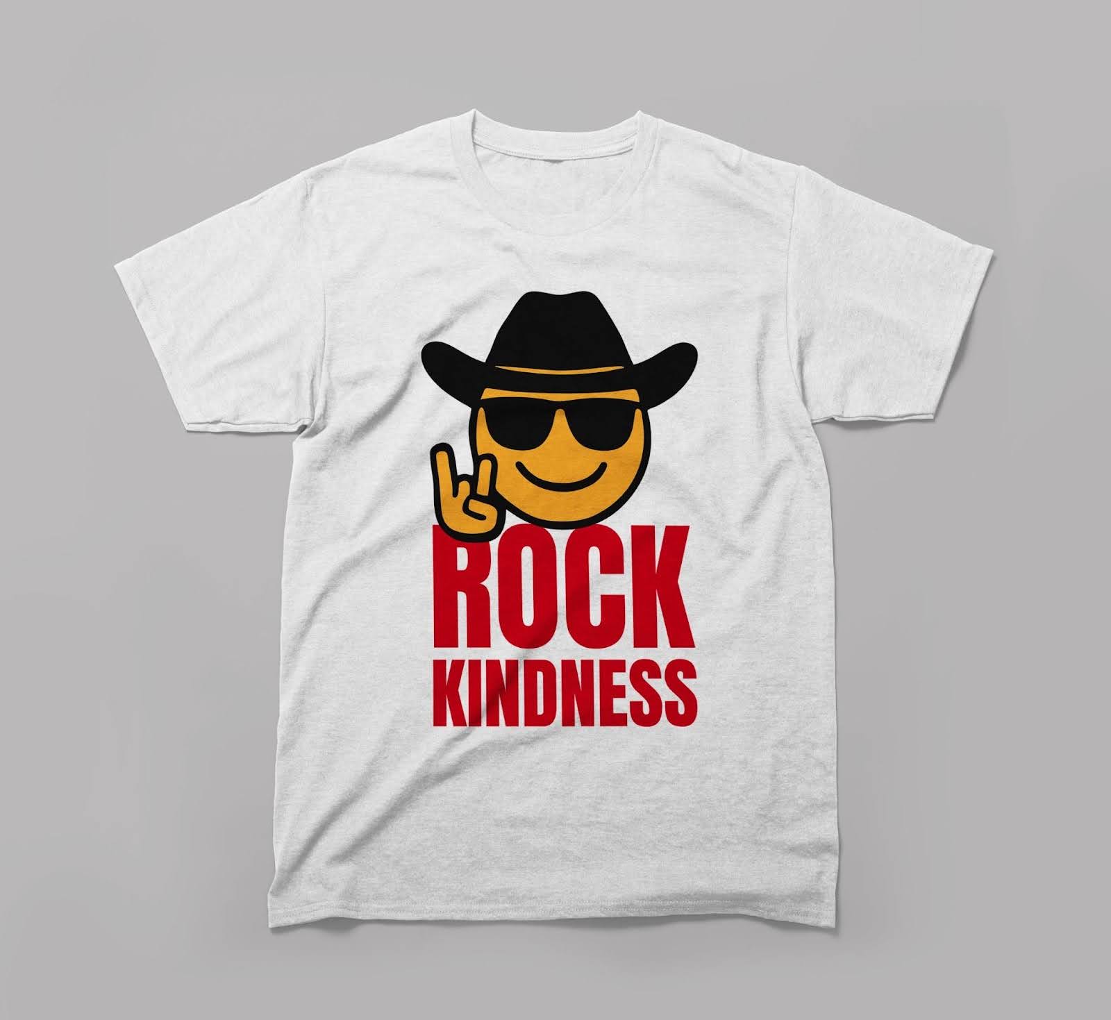White t-shirt with cowboy emoji, sunglasses, rock hand sign, and 'Rock Kindness' text